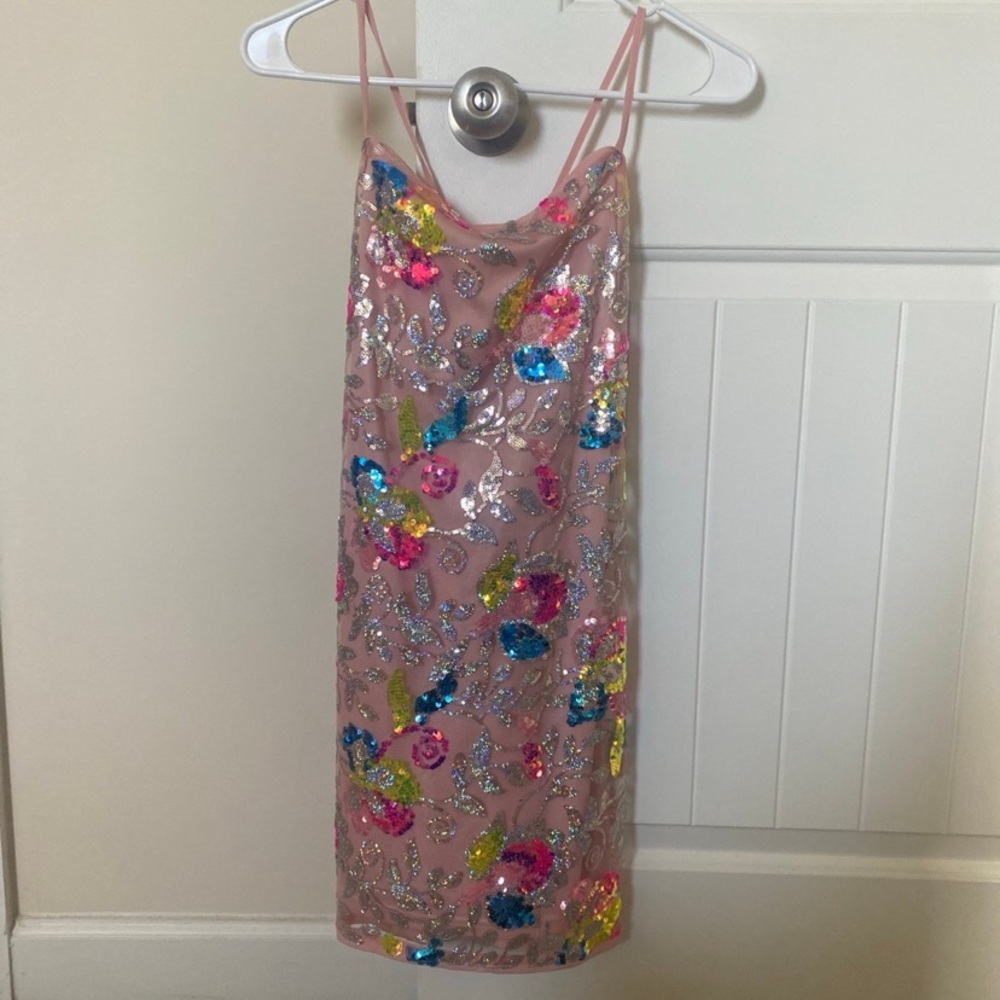 Lulu's Pink Sequin Floral Dress